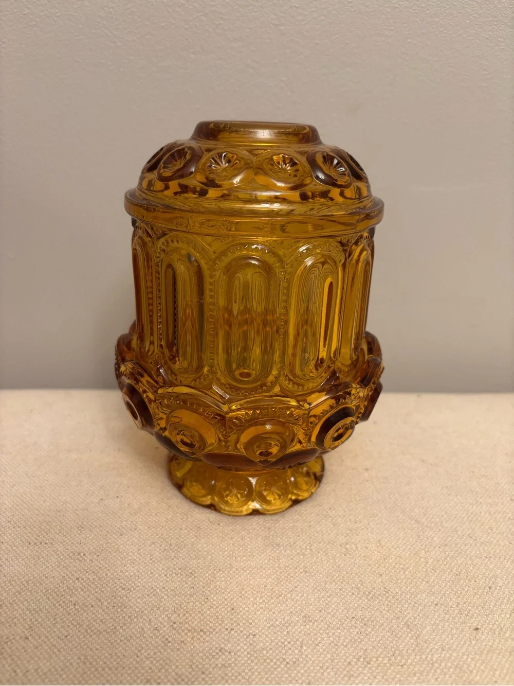 VTG MCM  L.E. SMITH AMBER GLASS MOON & STARS FAIRY LAMP 6 1/4